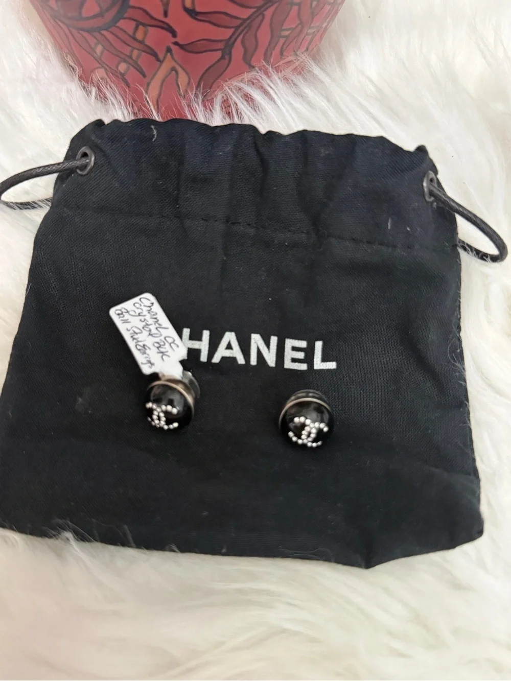 CHANEL CC CRYSTAL BLACK RESIN BALL STUD EARRINGS